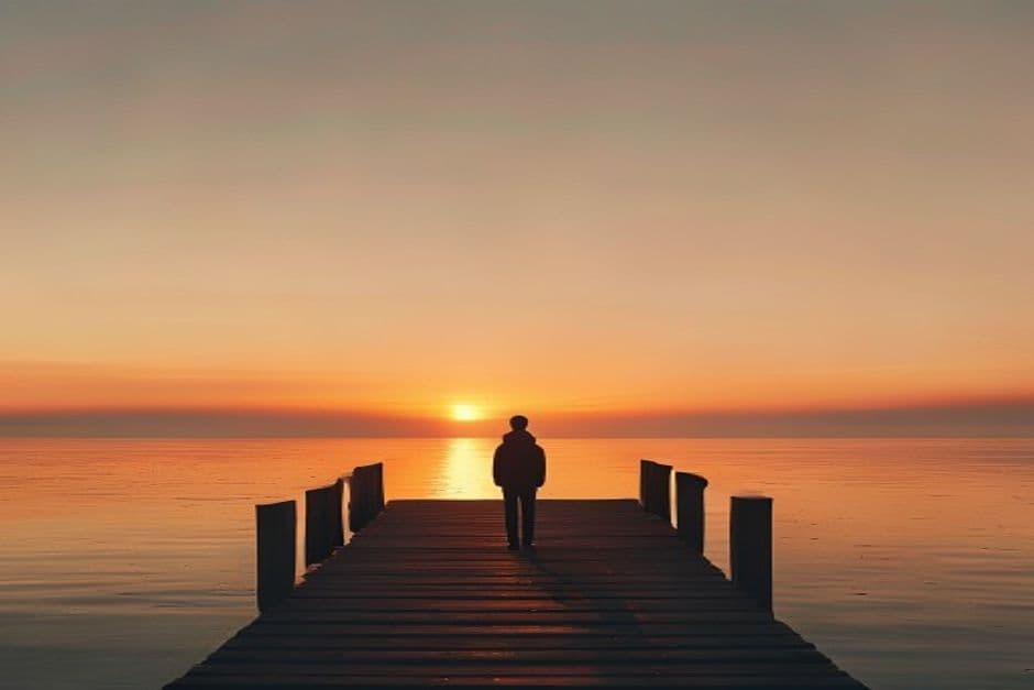 A person looking out over a calm body of water at sunset, representing the concept of slowing down and living a little.