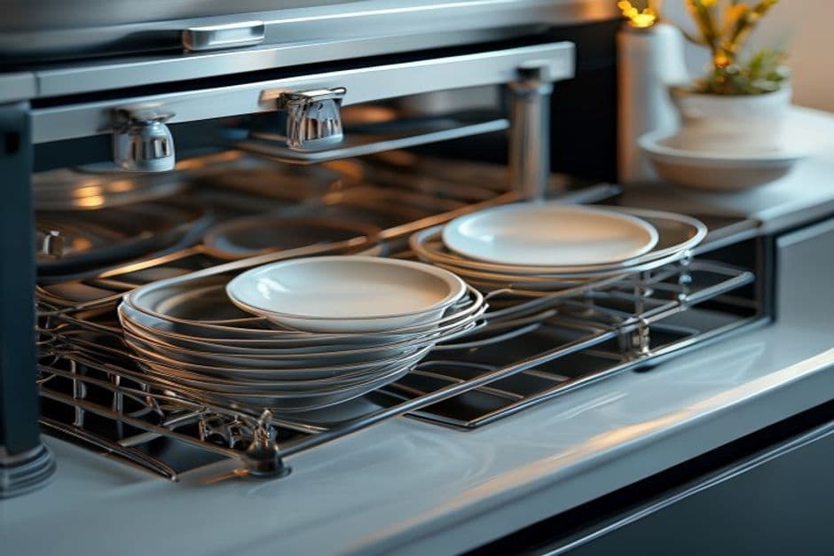 A person carefully loading a clean dishwasher with plates and silverware.