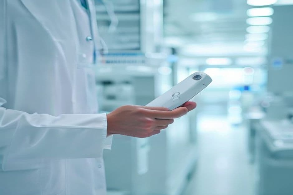 A scientist holding a handheld cancer detection prototype in a laboratory.