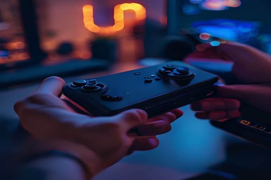 A handheld gaming device held by a person in a professional environment.