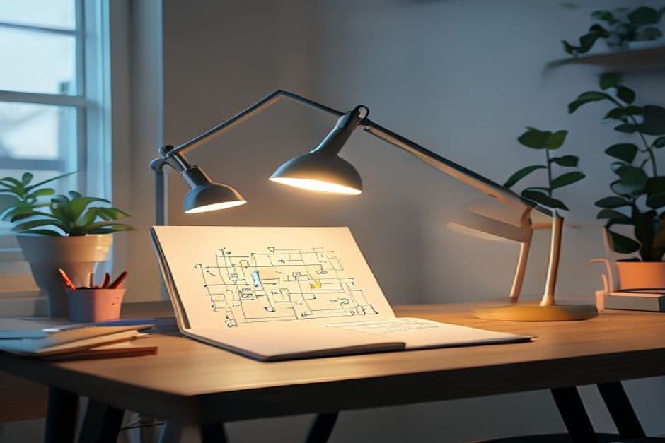 A clean workspace with a notebook showing strategic diagrams.