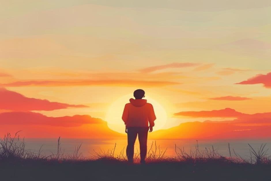 person standing in front of a sunrise