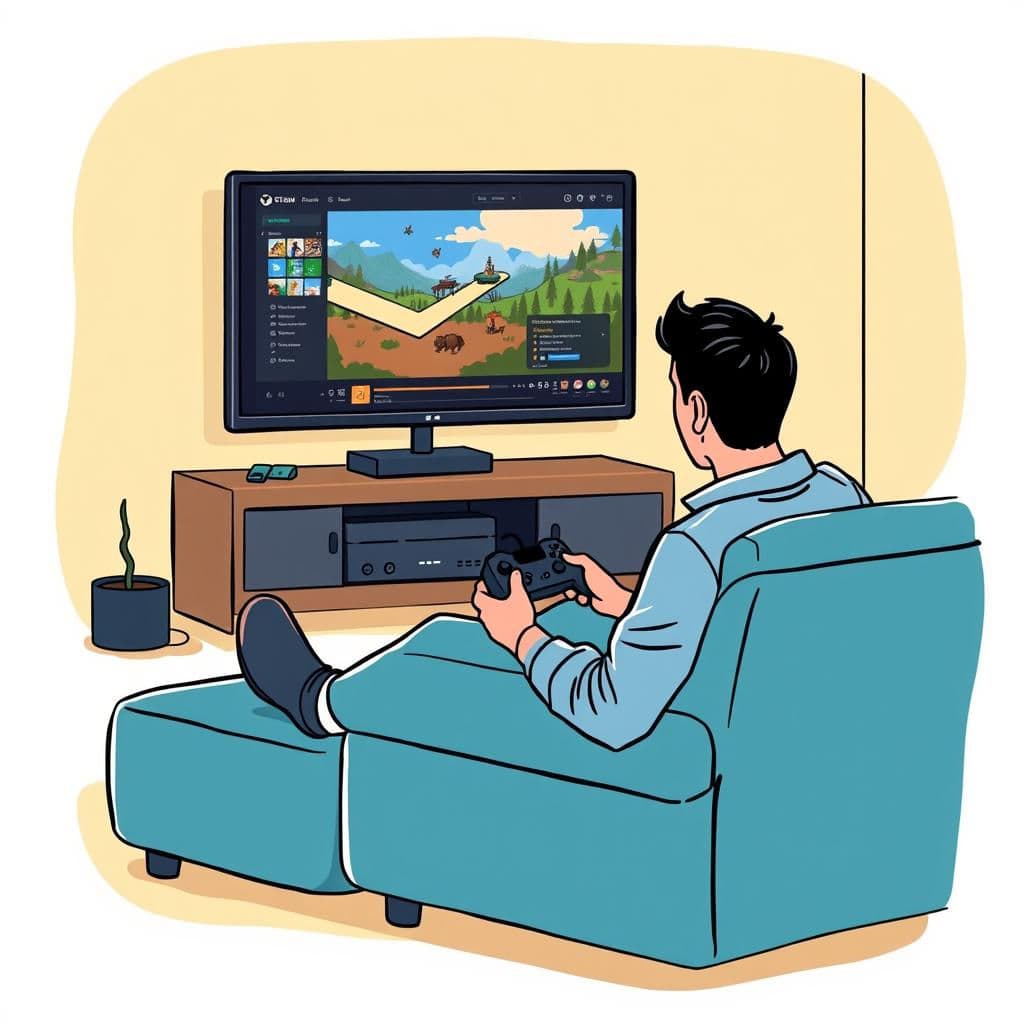 person playing game on TV with Steam Machine