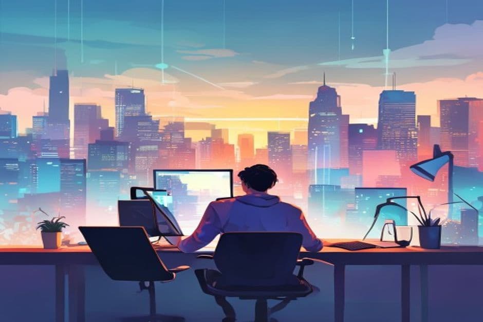 Person working on a computer with a cityscape