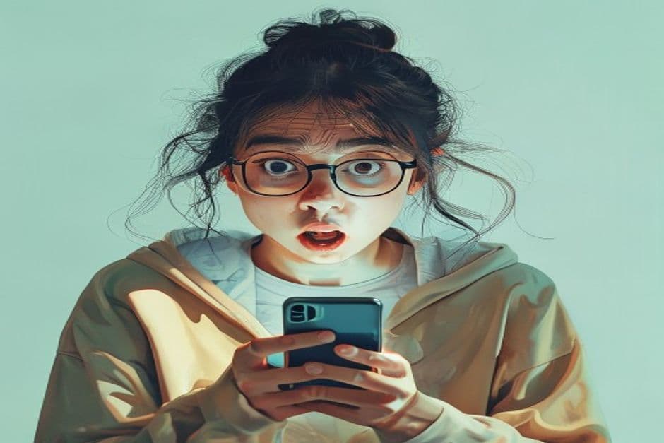 person looking at phone with shocked expression
