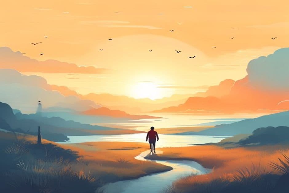 Person walking towards a sunrise in a serene landscape