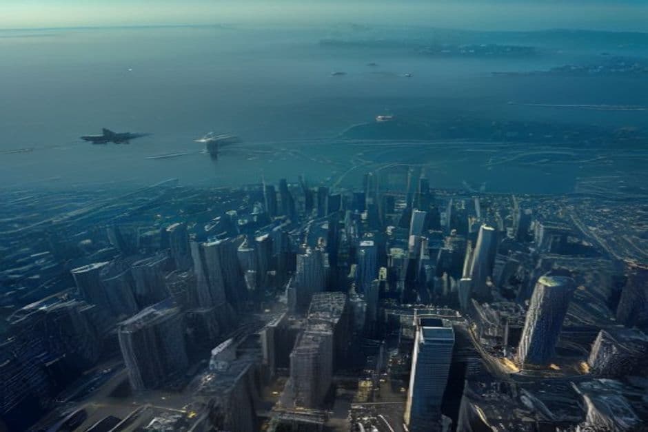 drones in flight over a city